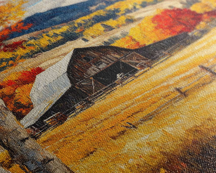 Countryside Barn in Autumn Framed Canvas Print, Bright Fall Landscape Birch Trees, Rustic Wall Art Country Home or Farmhouse Autumn Decor