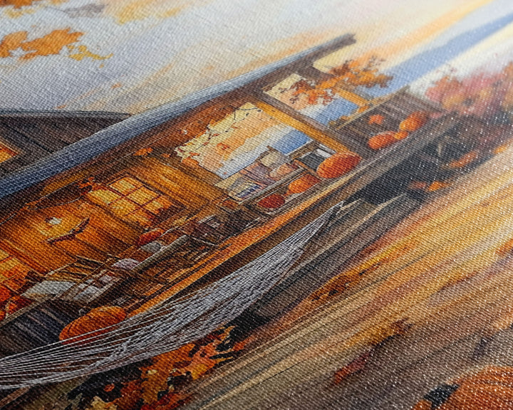 Cozy autumn cabin porch with pumpkins and scenic view, Framed Canvas Print, perfect above sofa art, fall seasonal decor, gallery wall