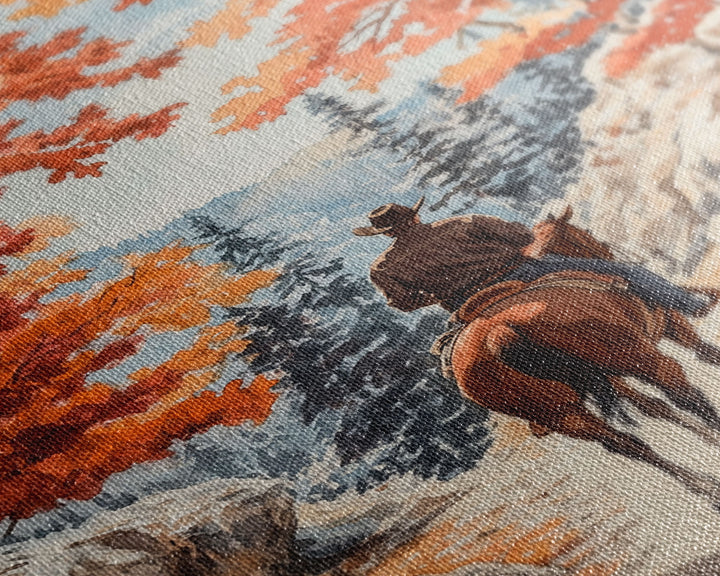 Cowboy riding through autumn forest, Framed Canvas Print, fall landscape wall art, western style decor for cozy homes, perfect gift idea