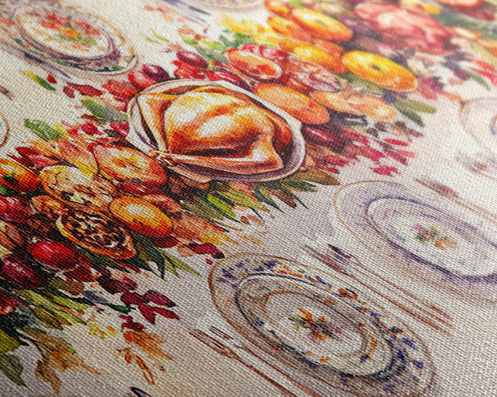 Festive Thanksgiving dinner table setting with colorful centerpiece, framed canvas print perfect autumn holiday decor wall art