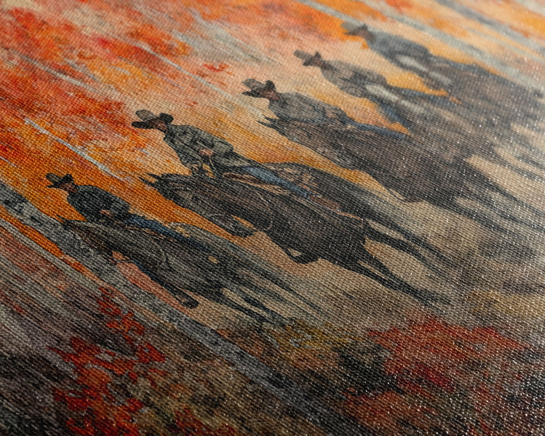 Framed Canvas Print Horseback Riders in Rustic Fall Forest, Cowboy Theme Wall Art, Autumn Home Decor, and Seasonal Canvas Wall Print