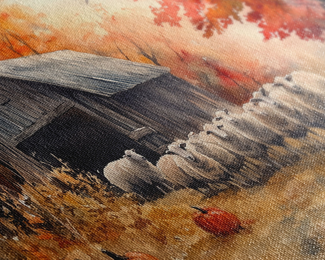 Framed Canvas Print Autumn Farm with Sheep and Pumpkins, Perfect Fall Decor, Rustic Country Home Wall Art, Seasonal Autumn Canvas Print