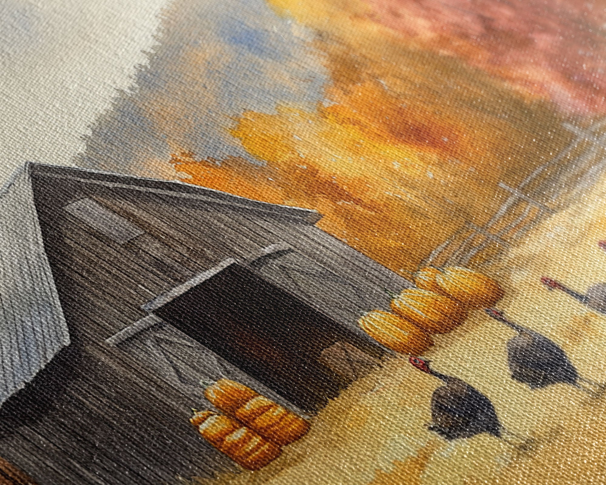 Framed Canvas Print Rustic Barn with Pumpkins and Turkeys, Perfect Autumn Farmhouse Decor, Fall Wall Art, Country Autumn Scene