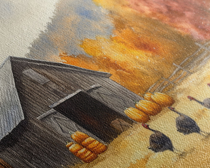 Framed Canvas Print Rustic Barn with Pumpkins and Turkeys, Perfect Autumn Farmhouse Decor, Fall Wall Art, Country Autumn Scene