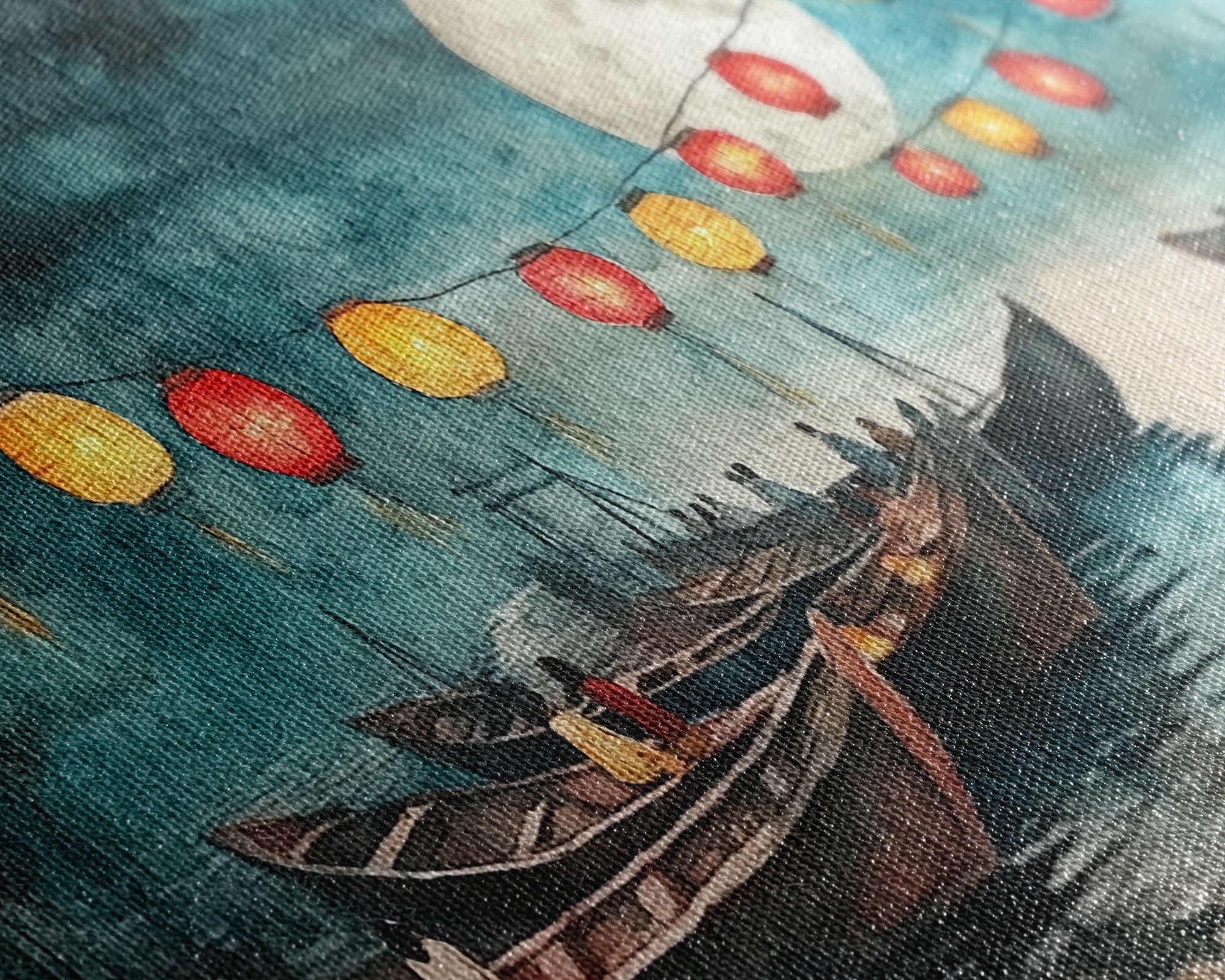 Framed Canvas Print Full Moon Lanterns on Boats, Dreamy Night Scene, Watercolor Christmas Art, Unique Holiday Decor, Coastal Christmas