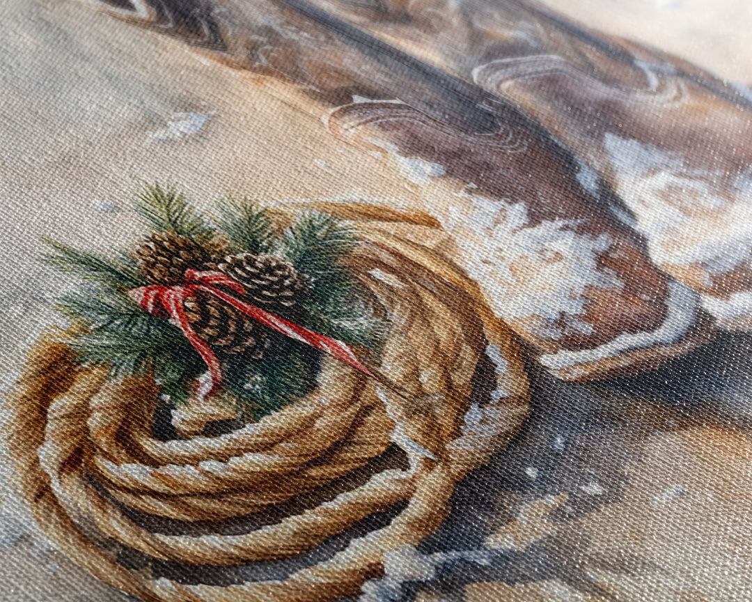 Framed Canvas Print Cowboy Boots and Rope with Pinecones, Rustic Winter Decor, Western Christmas Art, Perfect Holiday Wall Print