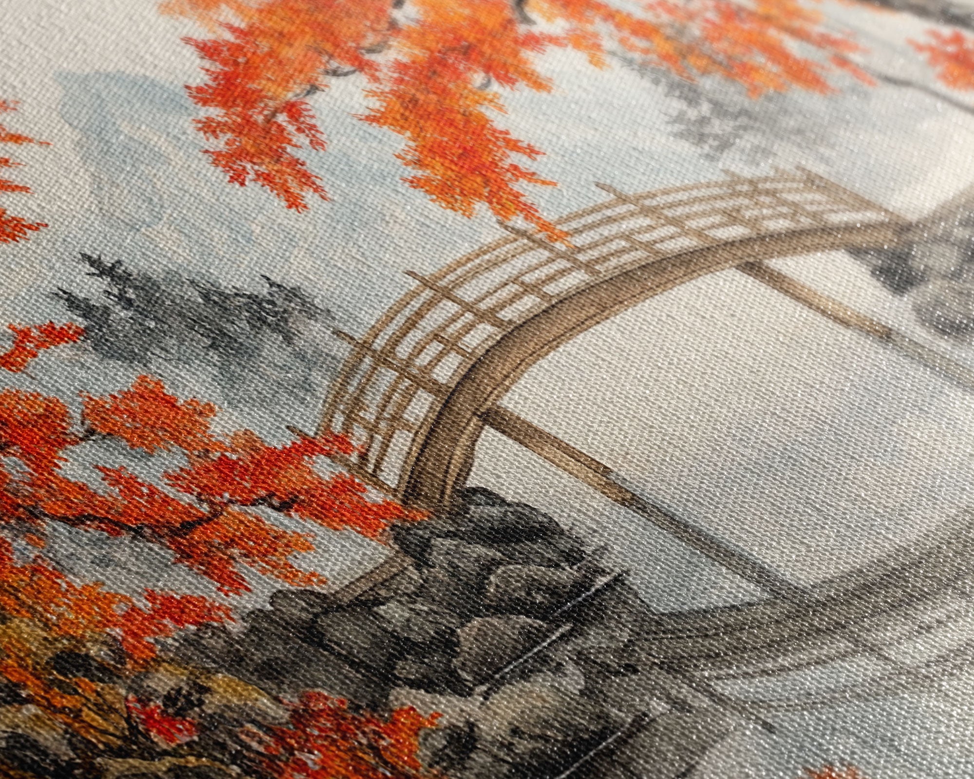 Japanese Bridge in Autumn Framed Canvas Print Fall Landscape Art Nature Wall Decor Seasonal Holiday Art Rustic Country Gift Idea 2024