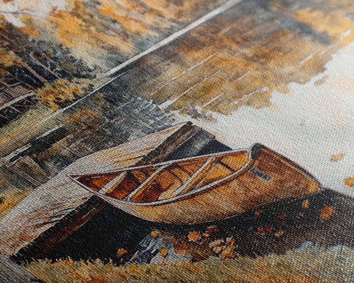 Fall lake house decor Framed Canvas Print serene lakeside cabin canoe rustic autumn wall art seasonal decor gift idea cozy fall home decor