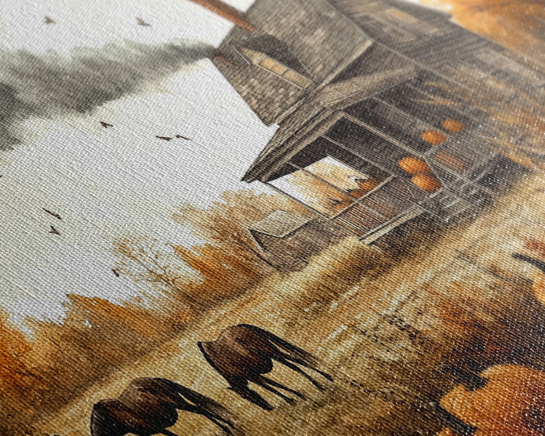 Horses grazing in autumn landscape, fall farmhouse decor, rustic wall art, decor, vintage fall wall print, framed canvas print