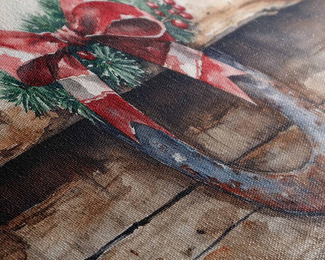 Festive horseshoe Christmas art, rustic holiday decor, farmhouse holiday gift idea, cozy winter home decor, framed canvas print