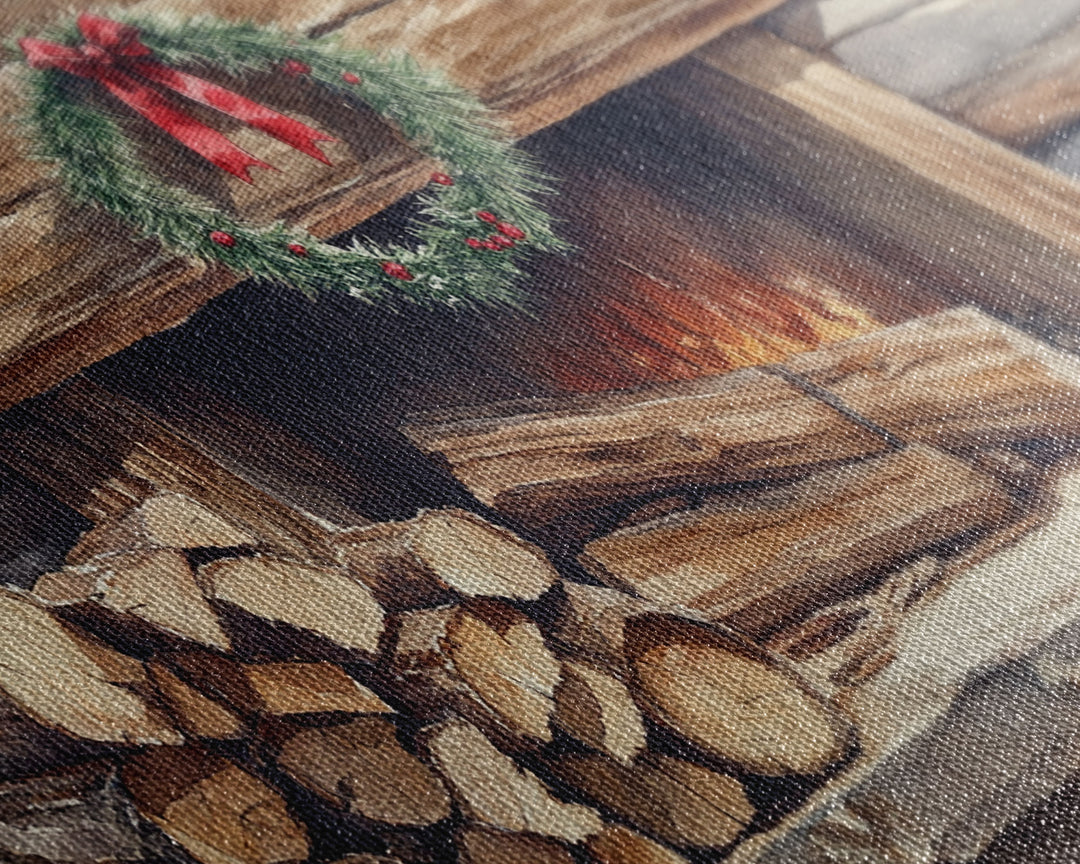 Cozy Cabin Fireplace Christmas Canvas Print | Rustic Christmas Wall Art | Holiday Home Decor | Christmas Mantle Decor | 2024 Christmas Gift
