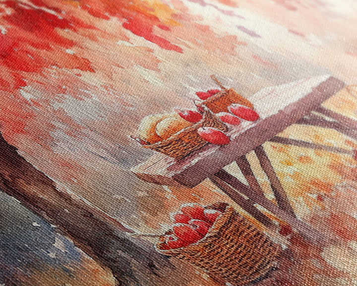 Fall Harvest Picnic Scene, Farmhouse Fall Decor, Framed Canvas Print, Seasonal Wall Art, Country Home Decor, Watercolor Artwork Gift Idea