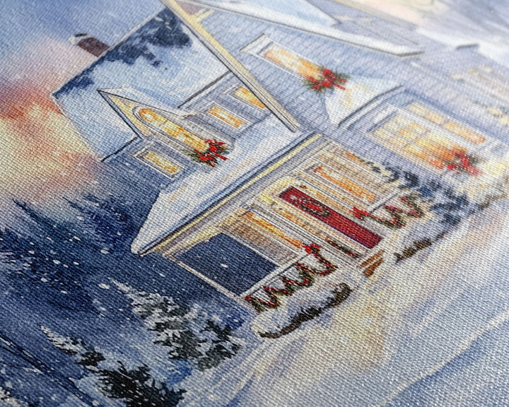 Cozy Winter House with Snowy Landscape, Christmas Decor, Framed Canvas Print, Farmhouse Christmas Decor, Seasonal Wall Art, Gift Idea