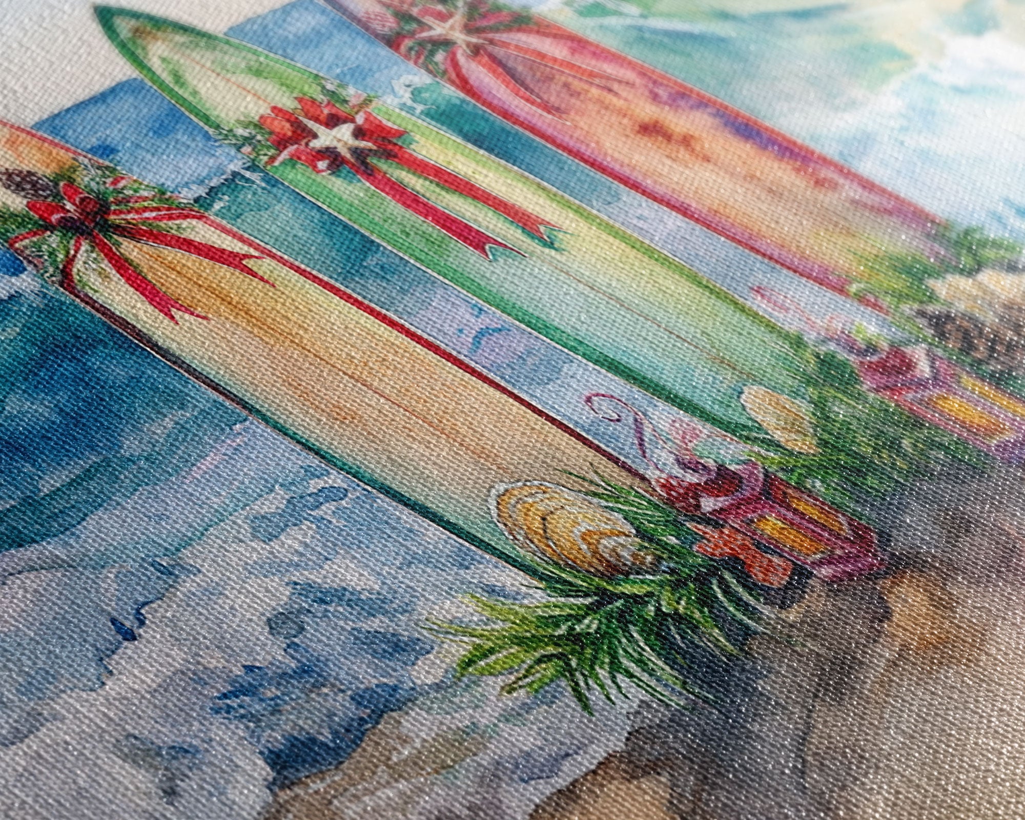 Beach Christmas Decor with Surfboards, Tropical Christmas Art, Framed Canvas Print, Watercolor Wall Art, Coastal Holiday Decor Art Gift Idea