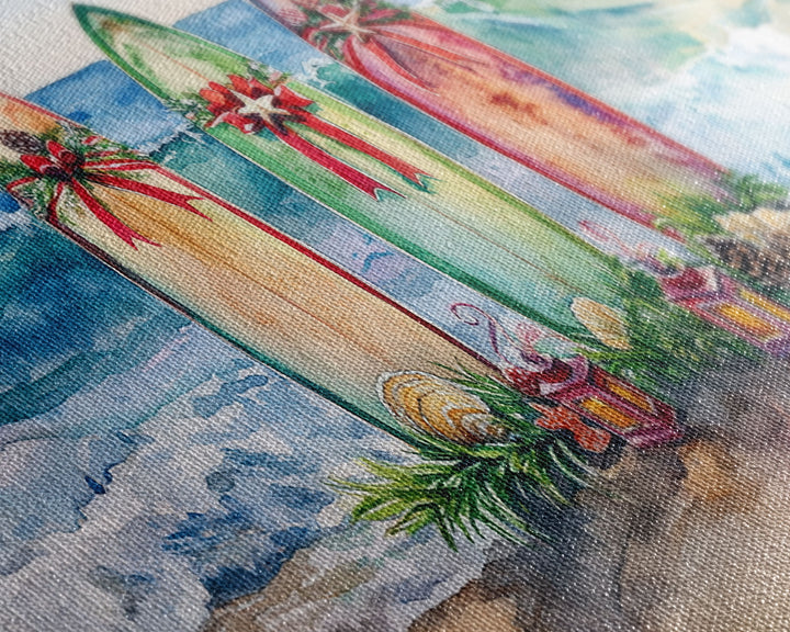Beach Christmas Decor with Surfboards, Tropical Christmas Art, Framed Canvas Print, Watercolor Wall Art, Coastal Holiday Decor Art Gift Idea