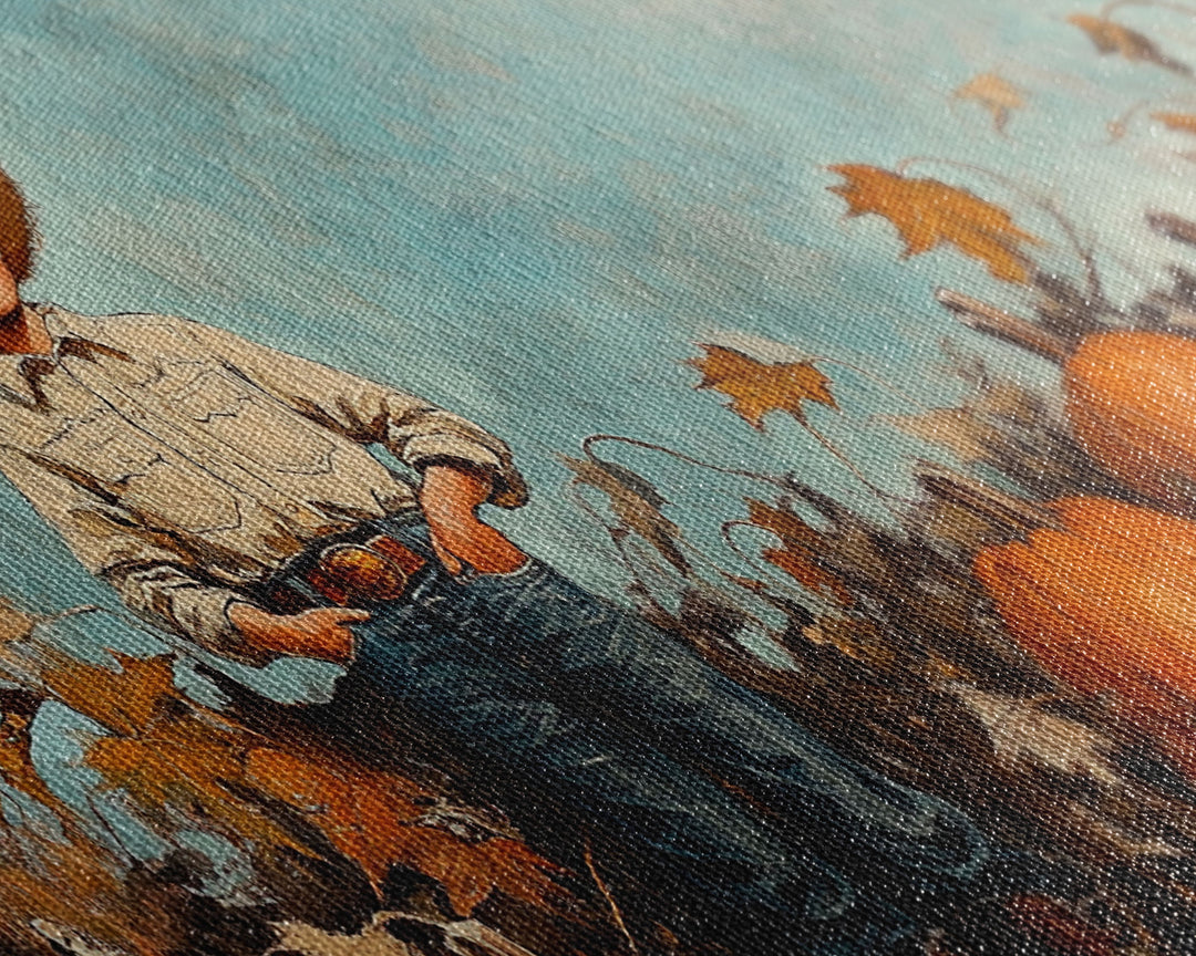 Cowboy Boy with Pumpkins Framed Canvas Print, Fall Wall Art, Rustic Farmhouse Decor, Vintage Harvest Print, Gift Idea, Holiday Home Decor