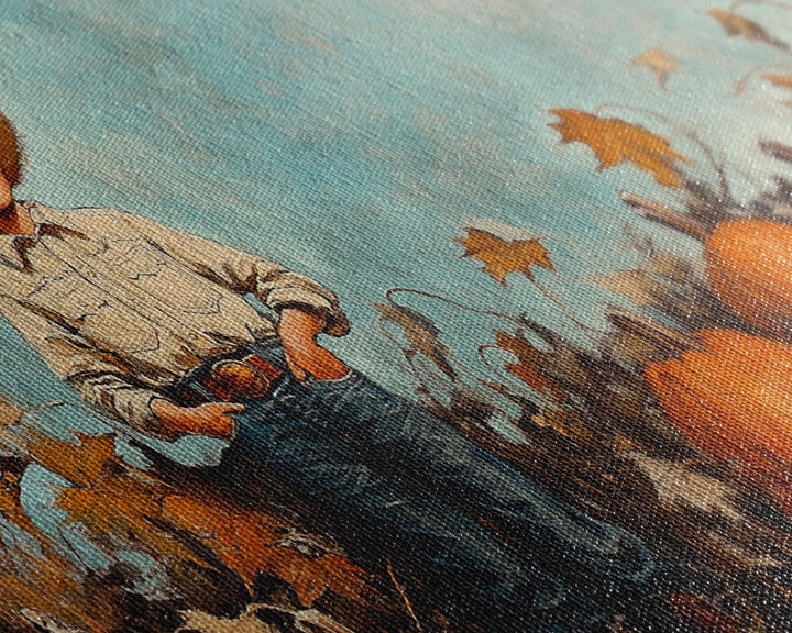 Cowboy Boy with Pumpkins Framed Canvas Print, Fall Wall Art, Rustic Farmhouse Decor, Vintage Harvest Print, Gift Idea, Holiday Home Decor