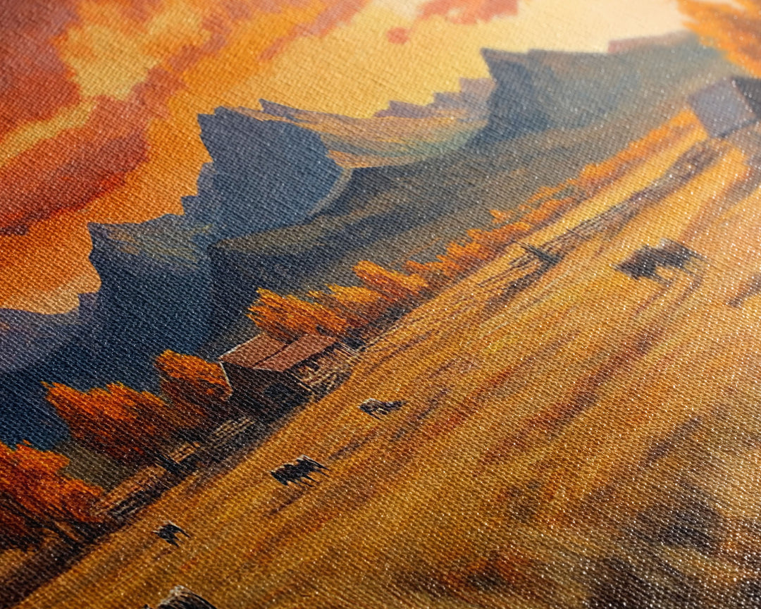 Fall Sunset Framed Canvas Print Scenic Ranch Landscape Art Autumn Wall Decor Ideal Holiday Home Decor and Gift for Farmhouse Style