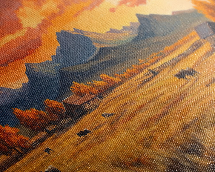 Fall Sunset Framed Canvas Print Scenic Ranch Landscape Art Autumn Wall Decor Ideal Holiday Home Decor and Gift for Farmhouse Style