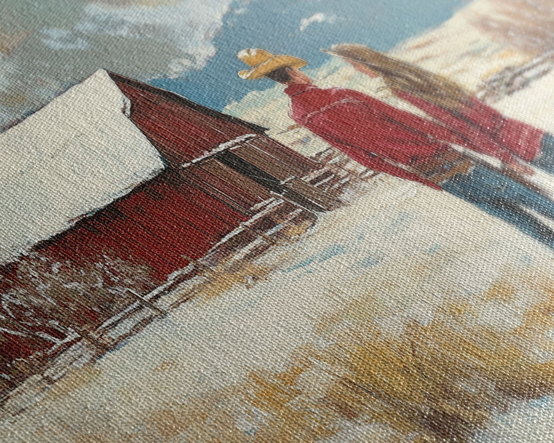 Our First House, Framed Canvas Print, Winter Landscape and Red Barn Painting, Rustic Farmhouse Decor, Outdoor Decor Christmas, Vintage Art