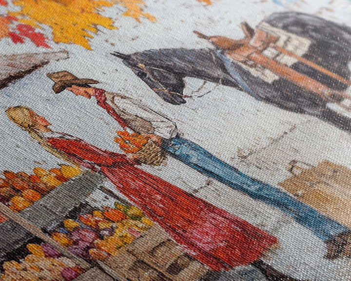 Cute Cowboy & Cowgirl Meet At The Market, Autumn Landscape Fall Colors Horse Rider Wall Art Rustic Fall Wall Decor, Framed Canvas Print