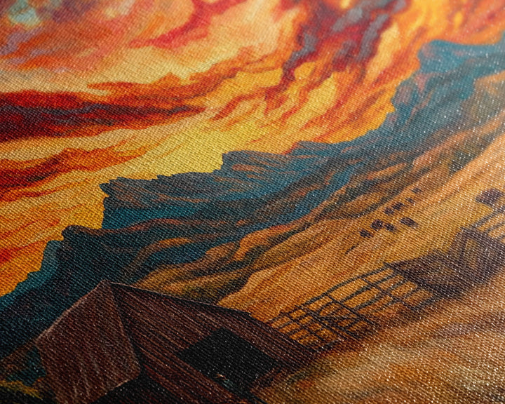 Sunset Ranch Framed Canvas Print Western Farmhouse Landscape Autumn Wall Art Large Fall Country Home Decor Above Sofa Art Piece