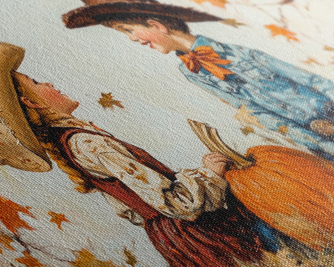 Cute Cowboy and Cowgirl In a Pumpkin Patch, Framed Canvas Print, 1950s Style Wall Art, Nursery Decor