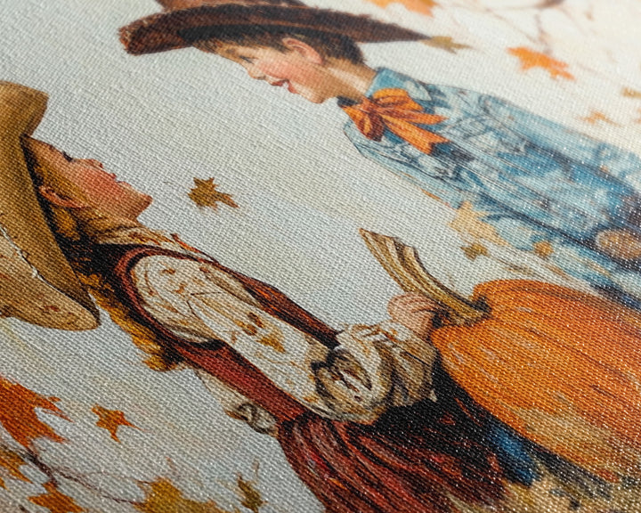 Cute Cowboy and Cowgirl In a Pumpkin Patch, Framed Canvas Print, 1950s Style Wall Art, Nursery Decor