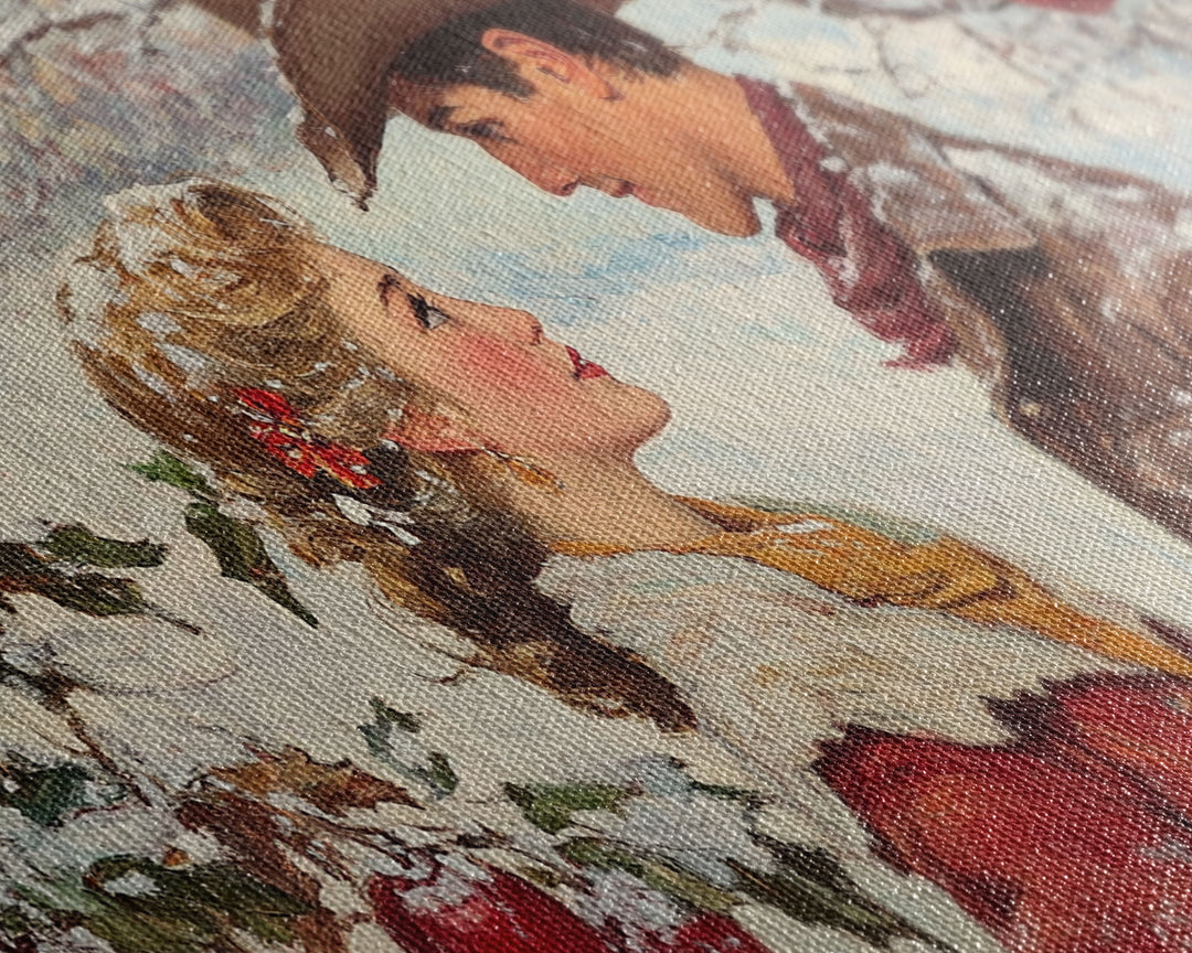 Cowboy and Cowgirl meet under the mistletoe, framed canvas print, cute winter wall art, Christmas home decor, seasonal rustic decor