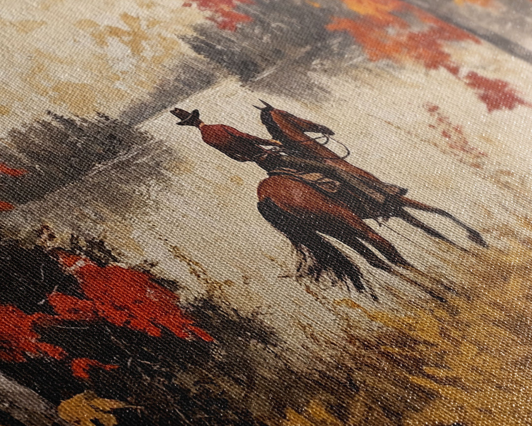 Cowboy on mountainside with red autumn leaves rugged cliffs, Framed Canvas Print, fall landscape wall art, western decor with warm colors