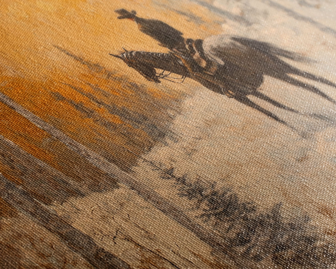 Cowboy riding horse through deep snow in a winter storm, Framed Canvas Print, dynamic winter wall art, rustic western home decor