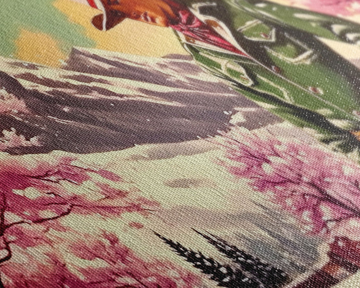 Retro Framed Canvas Print of a woman in a white dress standing next to a vintage pink truck, holiday wall art gift ideas any space