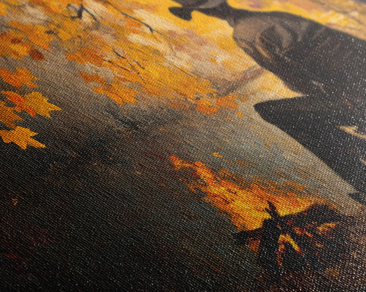 Cozy autumnal Framed Canvas Print featuring a woman with a mug, surrounded by vibrant fall leaves, perfect seasonal wall art for cozy spaces