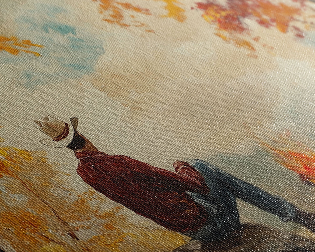 Cheerful Framed Canvas Print of a woman in a cowboy hat enjoying a coffee by fall colors, perfect vintage autumn wall art decor