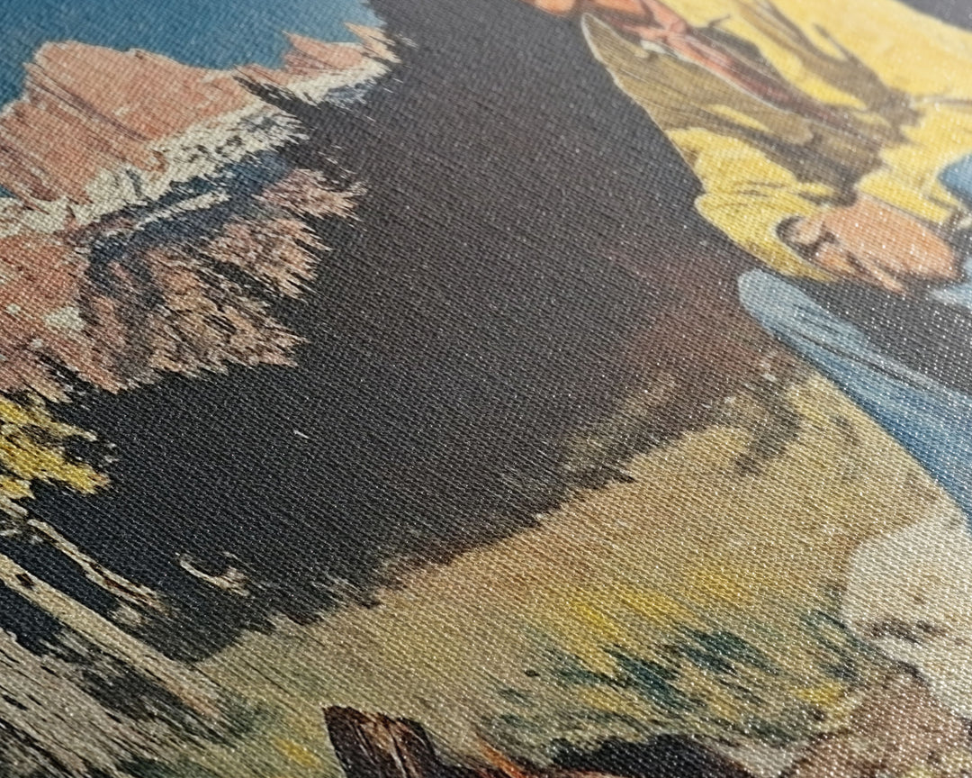 Bold monochromatic Framed Canvas Print showcasing a woman in a cowboy hat with horses in a snowy mountain landscape, rustic winter wall art