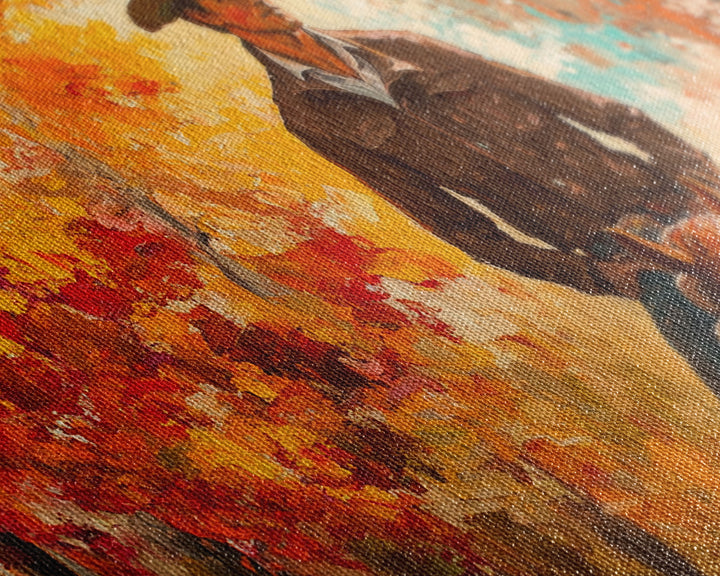 Cowboy Riding Through The Autumn Trees, Framed Canvas Print, Rustic Farmhouse Wall Art, Boho Style Seasonal Watercolor Painting