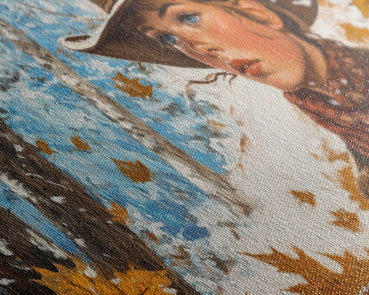 Western-inspired Framed Canvas Print of a woman on horseback in a snowy mountain landscape, holiday wall art and winter wonderland vibes