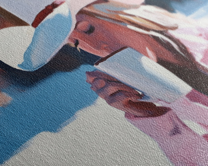 Cowgirl Enjoying A Cup of Coffee, Framed Canvas Print, Winter Wall Art, Pink Decor, Gift For Her, Seasonal Winter Home Decor