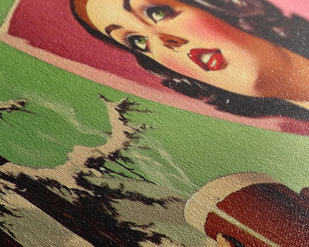 Retro Cowgirl Having A Cup Of Coffee, Framed Canvas Print, 1950s Style Wall Art, Vintage Art, Winter Decor, Watercolor Christmas Art