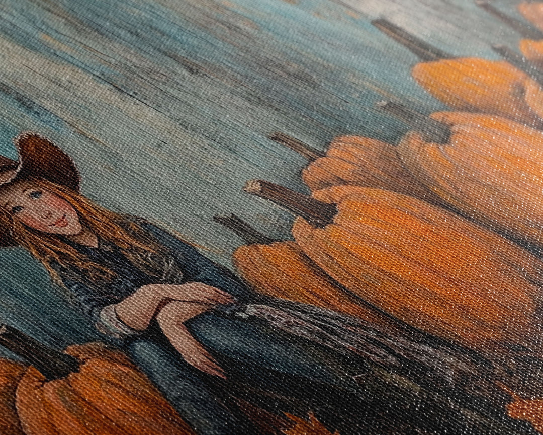 Cute Cowgirl In A Pumpkin Patch, Framed Canvas Print, Fall / Thanksgiving Decor, minimalist seasonal art for autumn or Christmas decor