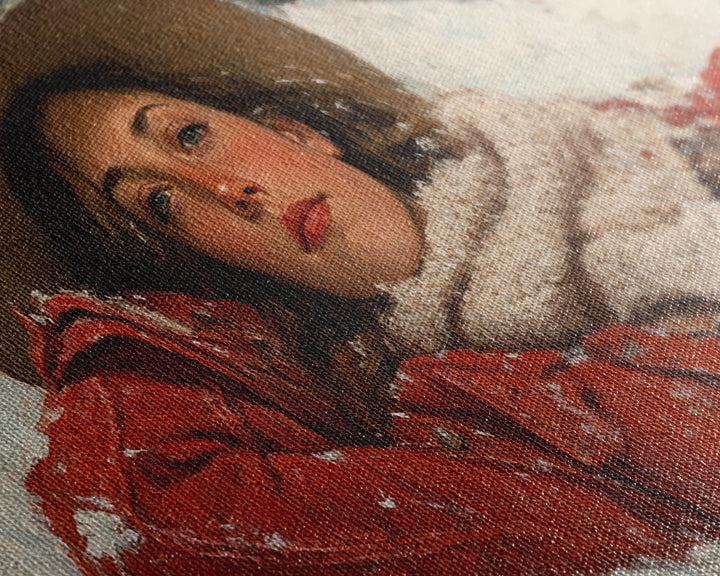 Cowgirl Laying In The Snow Framed Canvas Print, Cute Rustic Decor, Cowgirl Portrait Painting, Winter Wall Art