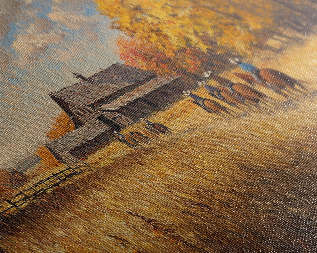 Horseback Riders In Autumn Near Barn, Rustic Fall Wall Art, Cozy Farmhouse Decor Framed Canvas Print, Harvest Time Country Art