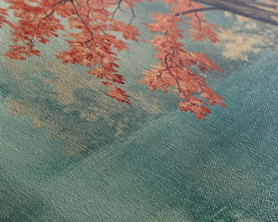 Fall On The Lake, Watercolor Landscape Painting Framed Canvas Print, retro holiday decor wall art with nostalgic vibe