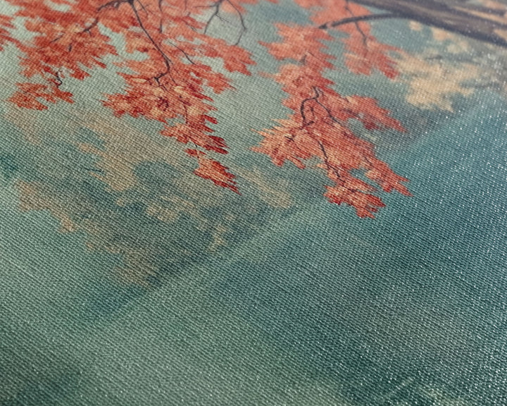 Fall On The Lake, Watercolor Landscape Painting Framed Canvas Print, retro holiday decor wall art with nostalgic vibe