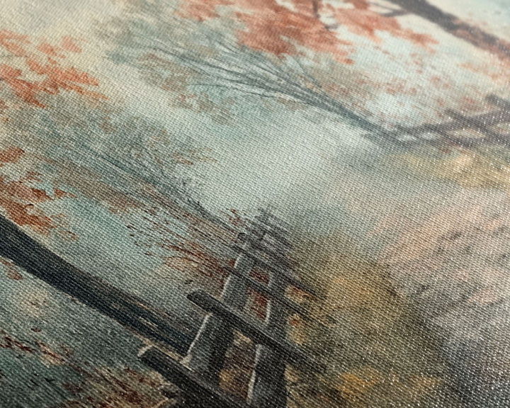 Autumn Path Framed Canvas Print, Rustic Fence and Trees Wall Art, Farmhouse Fall Home Decor, Vintage Style Wall Art, Seasonal Gift Idea