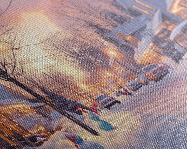 Snowy Neighborhood Evening Framed Canvas Print, Winter Wonderland Scene Art, Christmas Home Decor, Vintage Christmas Art, Holiday Wall Art