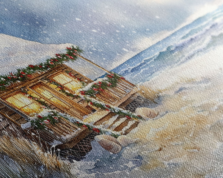 Coastal Winter Cottage Snowy Christmas Scene With Framed Canvas Print, Winter Wonderland Beach House Christmas Decor Wall Art