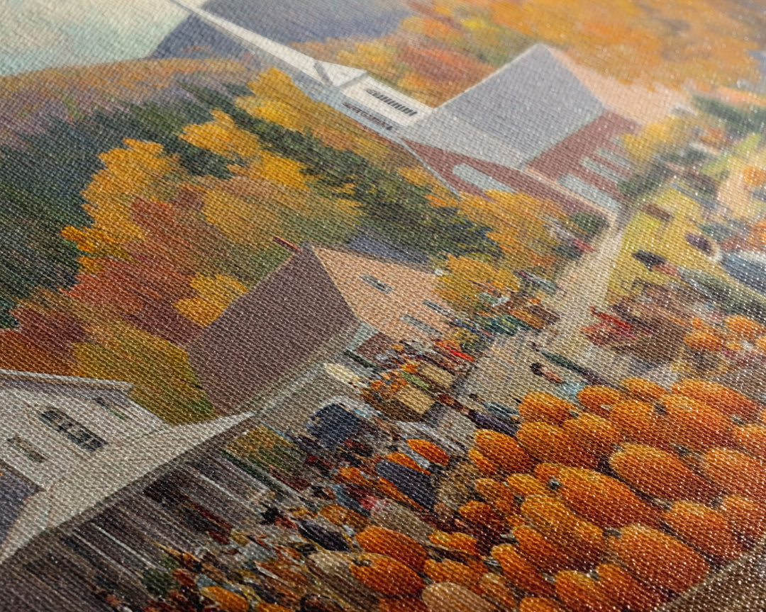 Autumn church harvest scene with pumpkins, farmhouse fall decor, canvas print, vintage fall wall art, seasonal decor