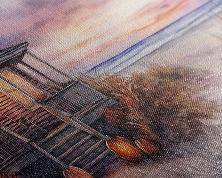 Rustic Beach Cottage Fall Scene Framed Canvas Print, Coastal Autumn Sunset Wall Art Ideal Autumn Gift, Seasonal Beach Decor