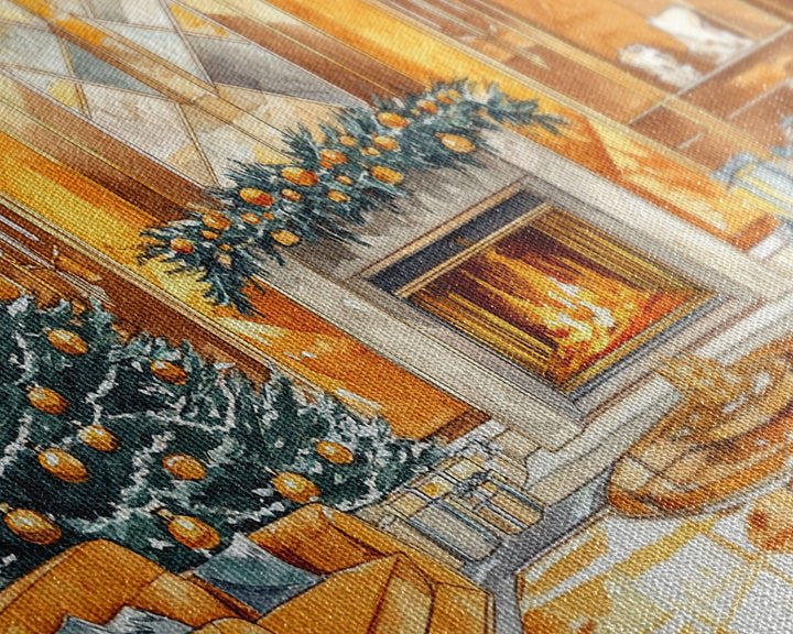 Luxurious Christmas Living Room Framed Canvas Print, Golden Holiday Decor with Christmas Tree and Fireplace Winter Wall Art
